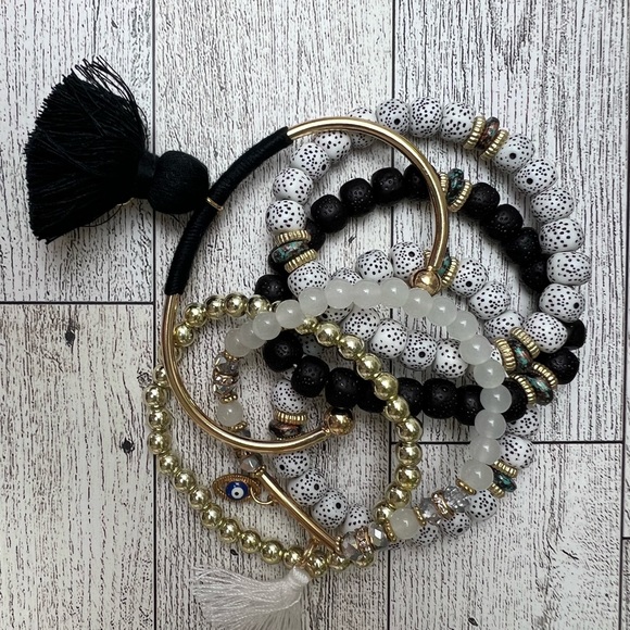 Stylish Boho Chic Gold & Black Stacked Bracelets -Trendy Mixed Style Bracelets - Picture 16 of 17